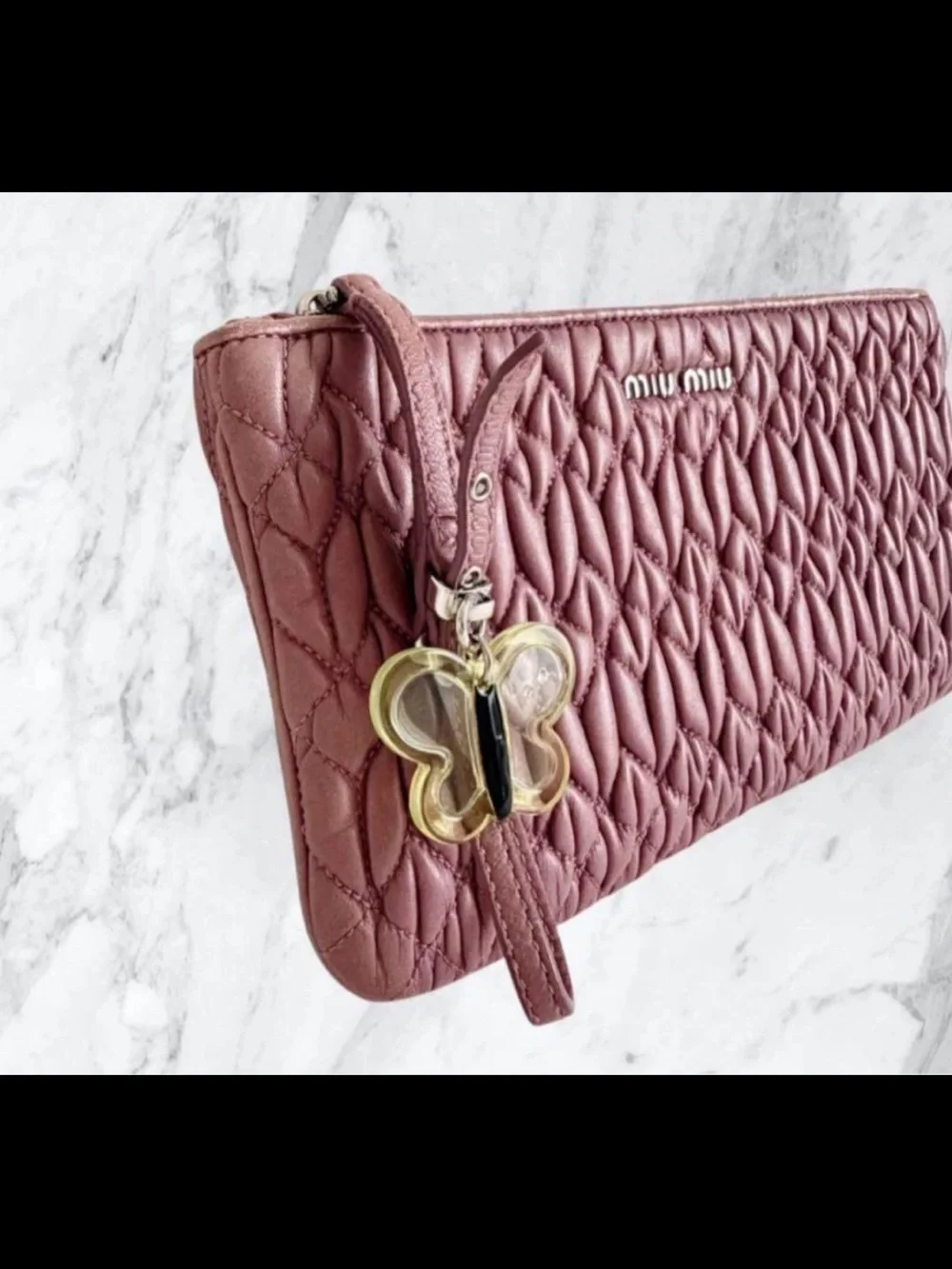 Miu Miu Dusty Pink Quilted Leather Wristlet with Butterfly Charm